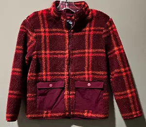 Cat & Jack Boys' Small 6/7 Burgundy Plaid High Pile Fleece Full Zip Sweatshirt - Picture 1 of 7