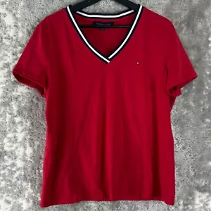 Top Tommy Hilfiger donna taglia XL misto cotone elasticizzato scollo V rosso manica corta - Foto 1 di 7