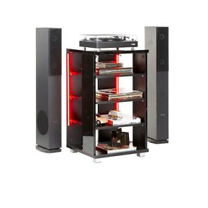 Wood Black Gloss Hi Fi AV Rack Unit Cabinet with LED Lights 3 Adjustable Shelves