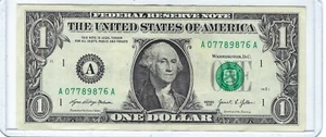 Billete de un dólar de $1 serie elegante # escalera ascendente/descendente A07789876A - Imagen 1 de 3