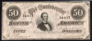 1864 US CSA $50 Fifty Dollars Civil War Currency Richmond, Virginia - T66 AU+ - Picture 1 of 3