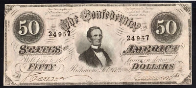 1864 US CSA $50 Fifty Dollars Civil War Currency Richmond, Virginia - T66 AU+ - Image 1 of 3