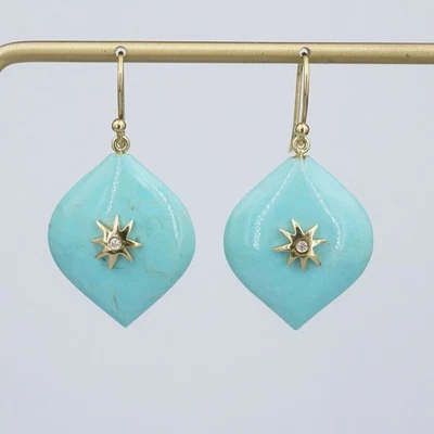18k Elizabeth Showers Turquoise Diamond Earrings 0.75" Hope Star Gold EG2660 - Image 1 of 4