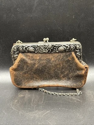 Vintage Antique Brown Leather Clutch Purse Silver Metal Frame - Image 1 of 4