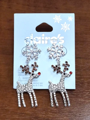 Nueva Tarjeta Claire's Vacaciones Navidad Rudolph Reno Estrás Pendientes Colgantes Foto 1 de 4