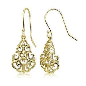 Yellow Gold Flashed 925 Silver High Polished Chandelier Filigree Dangle Earrings - Picture 1 of 5
