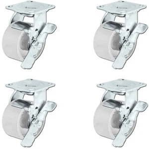 CasterHQ - 4 inch x 2 inch Steel Swivel Casters w/Brakes - Set of 4 - Ergonomic - Picture 1 of 2