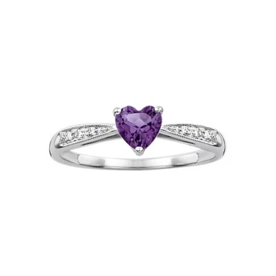 Heart Cut Amethyst & Natural Diamond Solitaire Band Ring 10K Solid White Gold - Image 1 of 4