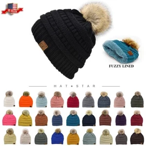 C.C Trendy Fuzzy Fleece Lined Soft Stretch Cable Knit Ribbed Faux Fur Pom Beanie - Picture 1 of 102
