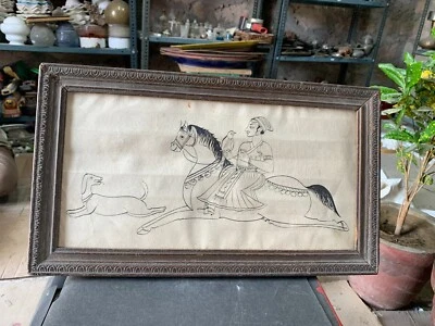Vintage Indian Miniature Painting Of Mughal King Rider Painting Sketch Framed - Image 1 of 4
