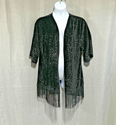 Black Velvet Burnout Jacket Womens 1X Fringe Open Cardigan Whimsigoth Kimono - Image 1 of 4