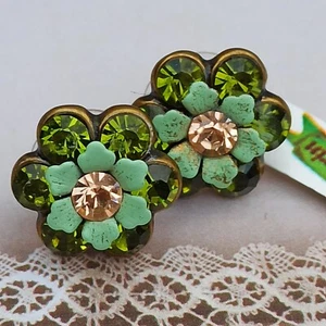 Michal Negrin Earrings Olive Green Post Flower Pastel Enamel & Swarovski Crystal - Picture 1 of 12