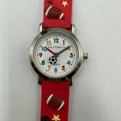 Solo Time Watch Boys Silver Tone Sports Theme Red Band New Battery 7.5" - Image 1 of 4