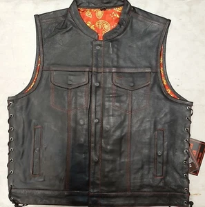 Men's Black Club Style Side Lace Leather Vest - Red/Gold Paisley - Picture 1 of 2