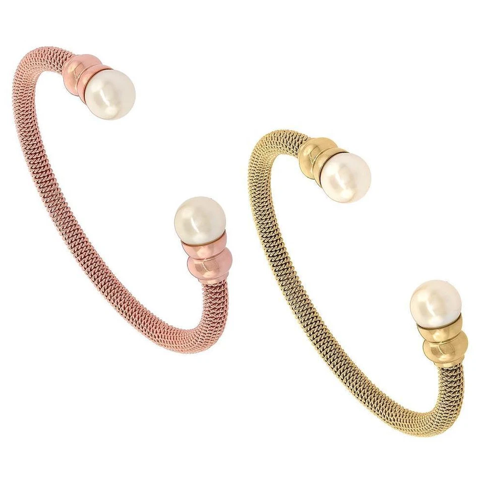 Stainless Steel Mesh Cuff Bracelet w/ Faux Pearl Accents  - Image 1 of 1