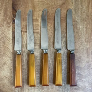 Five Vintage 50s Boker Bakelite Knives Stainless Steel Butterscotch Table Knife - Picture 1 of 3