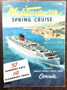 Folleto de viaje Cunard RMS CARONIA Mediterranean Cruise mayo 1955 con plano de cubierta - Imagen 1 de 4