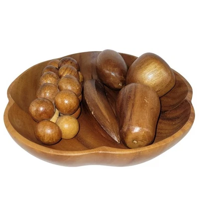 Cuenco de madera 10” y 5 frutas de madera ~ usado en excelente estado MCM vintage Foto 1 de 4