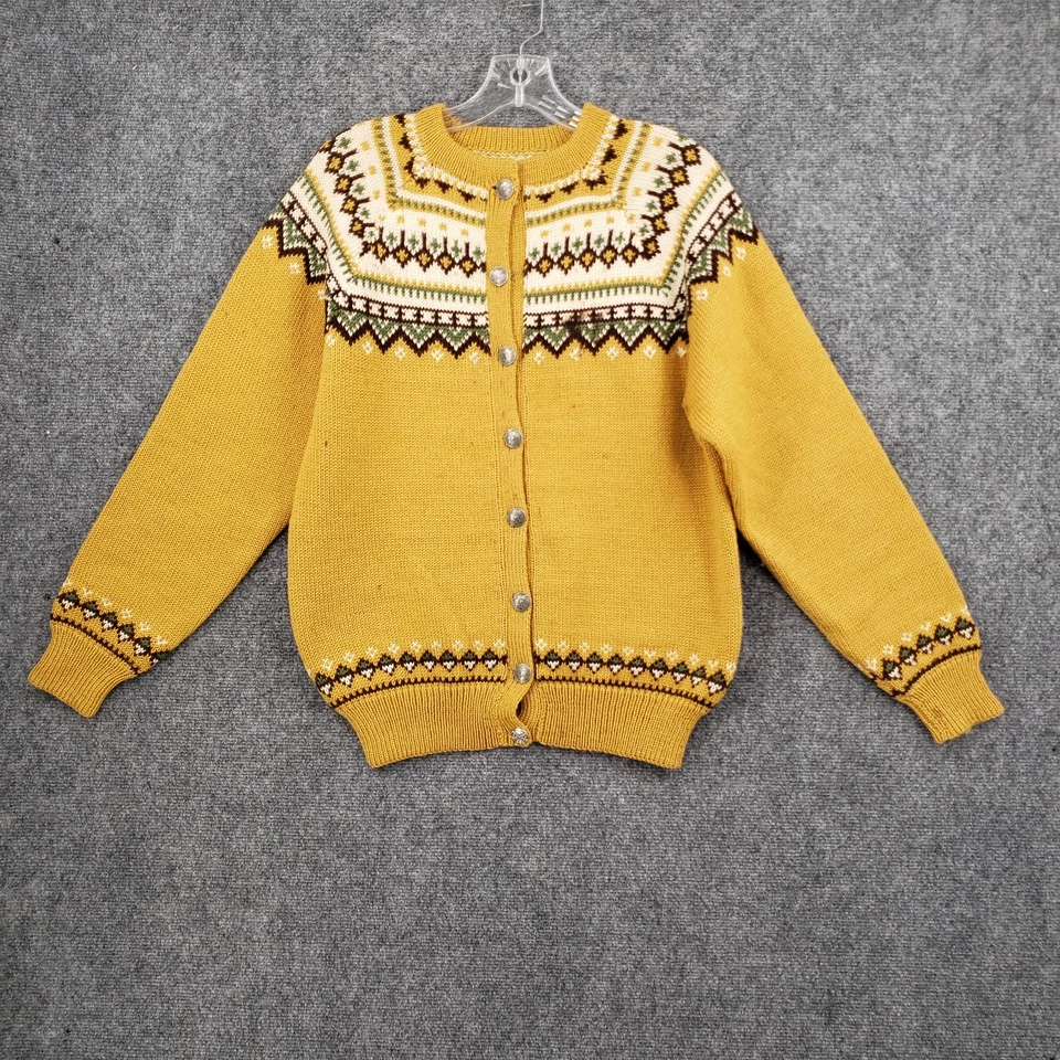 Cardigã suéter feminino M amarelo médio Fair Isle nórdico gola redonda botão frontal - Imagem 1 de 4
