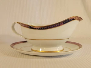 Fashion Manor Chilton Gravy Boat and Plate Iridescent Gold Border Blue Purple - Picture 1 of 20