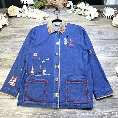 Chaqueta vaquera vintage para mujer talla pequeña camping botón bordado azul Teddi Foto 1 de 4