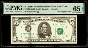 1969 B $5 Ink Smear Error Federal Reserve Note PMG 65 EPQ Gem Serial B72377626C - Picture 1 of 2