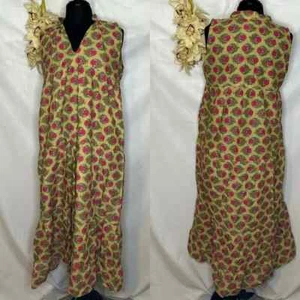 Pinpoint Women's Green Pink Floral Hand Printed Cotton Maxi Dress Size XL NWT - Picture 1 of 4
