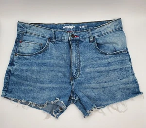 Wrangler Shorts Junior 16 Husky Blue Denim Cut Off Raw Frayed Edge Elastic Waist - Picture 1 of 12