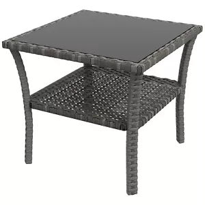 More details for outsunny pe rattan coffee table, two-tier side table with glass top, grey