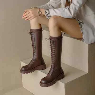 Stivali Scarpe Anfibi Alti tacco 5 Marrone Lacci Platform Pelle Sintetica 39770 - Immagine 1 di 4