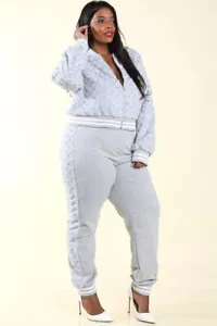 Plus Size Soft Fuzzy 3D Rose Print Jacket Gray Casual Sweat Suit 1X 2X 3X - Picture 1 of 3