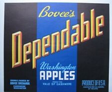 Original scarce BOVEE'S DEPENDABLE apple crate label Cashmere, Washington blue