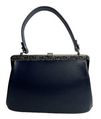 Cartera vintage tono plata filigrana azul damas cierre único bolsillo interior Foto 1 de 4