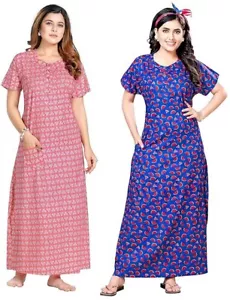 Women's Cotton Printed Nighty Night Gown Maxi Free Size Pack of 2 - Picture 1 of 7