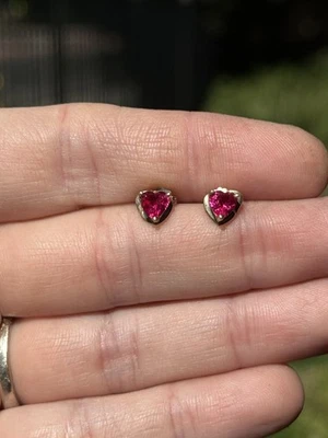 Vintage 10k Yellow Gold Pink Ruby Heart Stud Earrings - Image 1 of 4