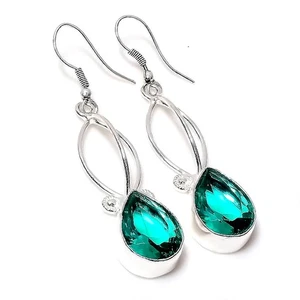 Pendientes colgantes hechos a mano de plata de ley 925 con piedras preciosas de turmalina Paraiba de 1,6" - Imagen 1 de 4