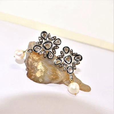 Orecchini a polki e perle naturali in argento sterling 925 fatti a mano... - Immagine 1 di 4