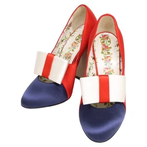 GUCCI 465985 Luna Bow Pearl/Studs Satin pumps 37 1/2 Red / Navy - Picture 1 of 11