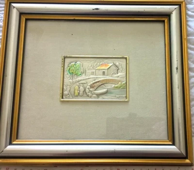 QUADRO BASSORILIEVO SU LASTRA ARGENTO "CASA SUL FIUME"  cm 27X23,5 - Immagine 1 di 4