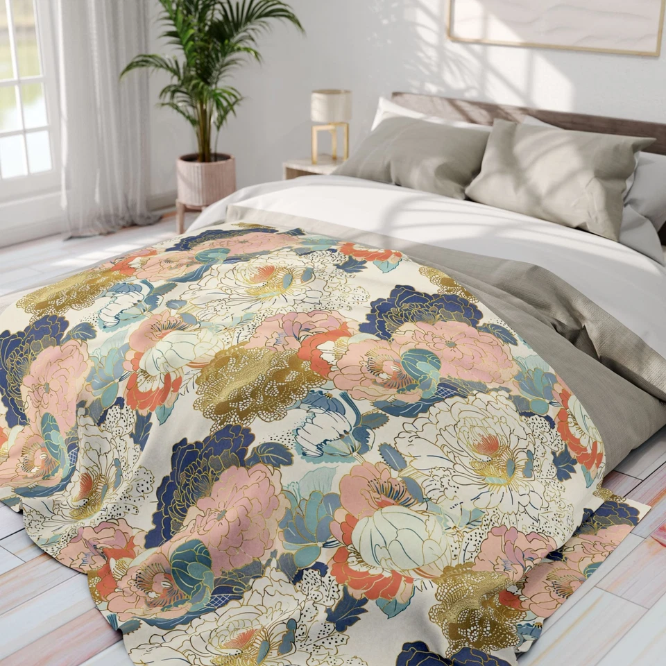 日本花卉图案,舒适北极羊毛毯,亚洲沙发毯 — 第 1/1 张图片