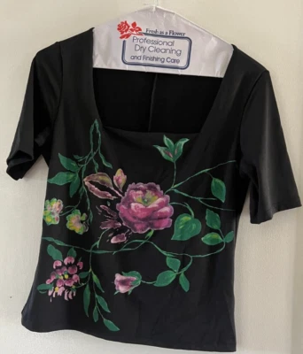 Vintage Necessary Objects 90's Womens Cropped Black Floral Square Neck Top Sz M - Image 1 of 4