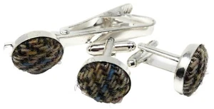 Harris Tweed Brown Silver Plated Cufflinks and Tie Clip Set - Picture 1 of 3