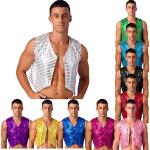 Mens Sequin Nightclub Vest Button Up Pointed Hem Waistcoat Shiny Top Dancewear  - Picture 1 of 190