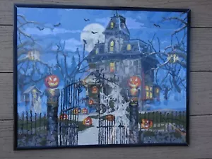 Completed Paint By Number Halloween Haunted House JOL"s Iron Fence 16x20 Framed - Picture 1 of 4