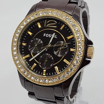 FOSSIL CERAMIC RILEY CE 1044 CHOCOLATE BROWN SWAROVSKI CRYSTAL BEZEL STONES - Image 1 of 4