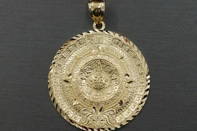 10K Solid Yellow Gold 2" Diamond Cut Round Aztec Mayan Calendar Pendant. - Image 1 of 4