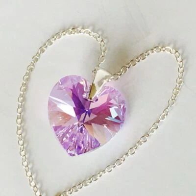 925 Silver Crystal Necklace Pendent Heart Violet Made With Austrian Crystals - Image 1 of 4