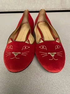 Charlotte Olympia Velvet Embroidered Kitty Ballet Flats Size EU 39 (US Size 8.5) - Picture 1 of 7