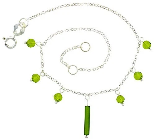 925 Sterling Silver Anklet w/ Natural Stone Peridot Beads, Fits 9" to 10" Ankles - Image 1 of 1