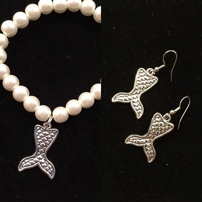Mermaid Tail Charm Pearl Bracelet Earrings Coastal Sea Life Set Lot 2 PC NEW - Image 1 of 2